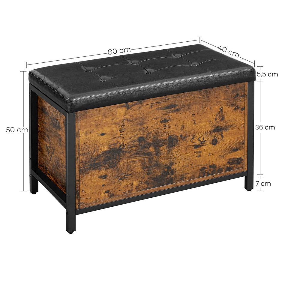 Storage Bench – Synthetic Leather and Metal – Black and Rustic Brown – Padded Seat and Easy Assembly