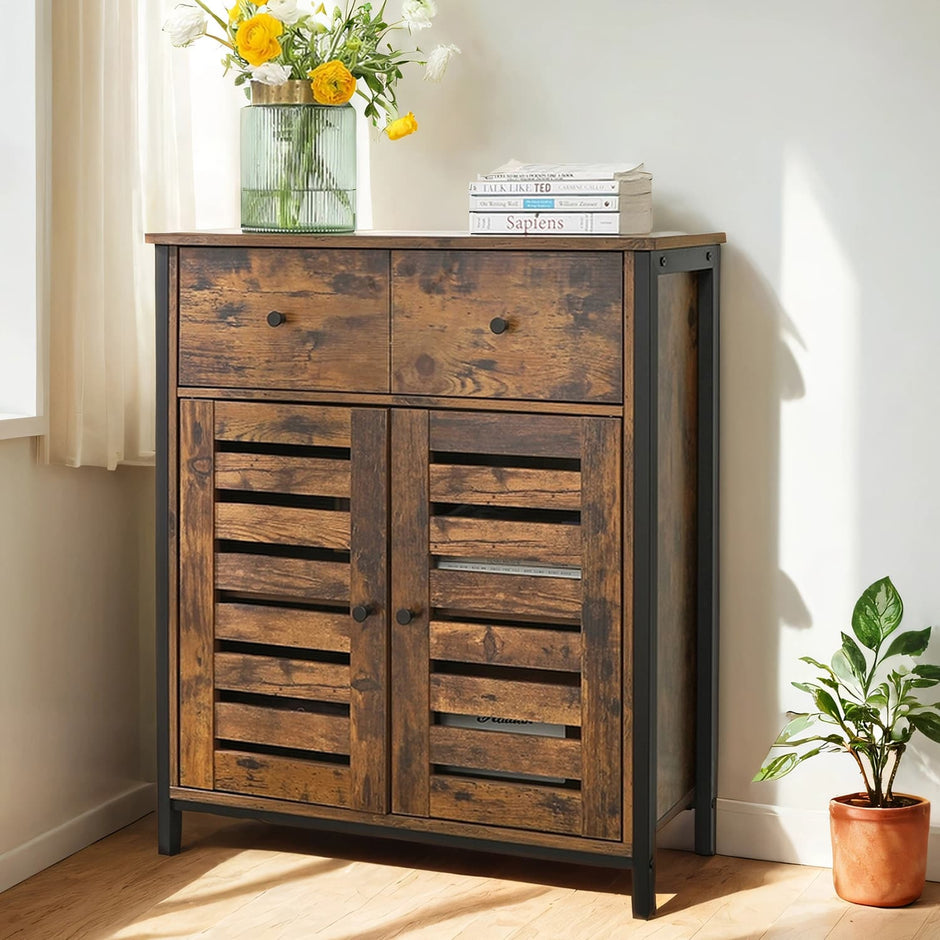 Storage Cabinet – Wood – Rustic Brown – Louvered Doors and Drawer