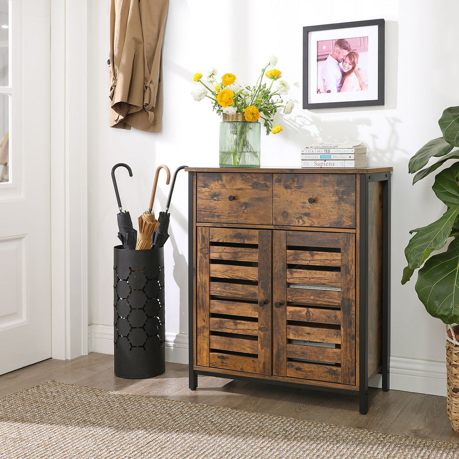 Floor Cabinet – Wood – Rustic Brown – Freestanding with 1 Drawer and Louvered Doors