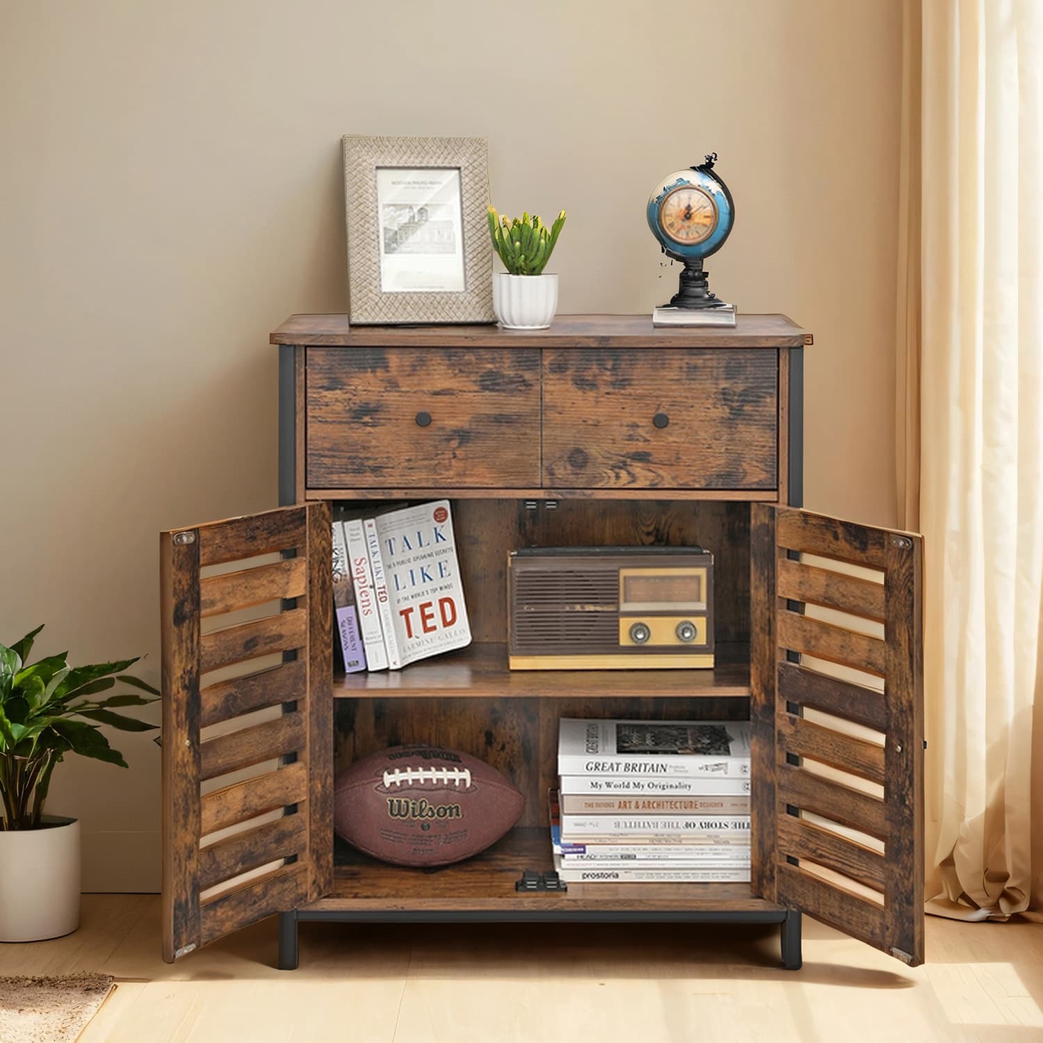 Storage Cabinet – Wood – Rustic Brown – Louvered Doors and Drawer