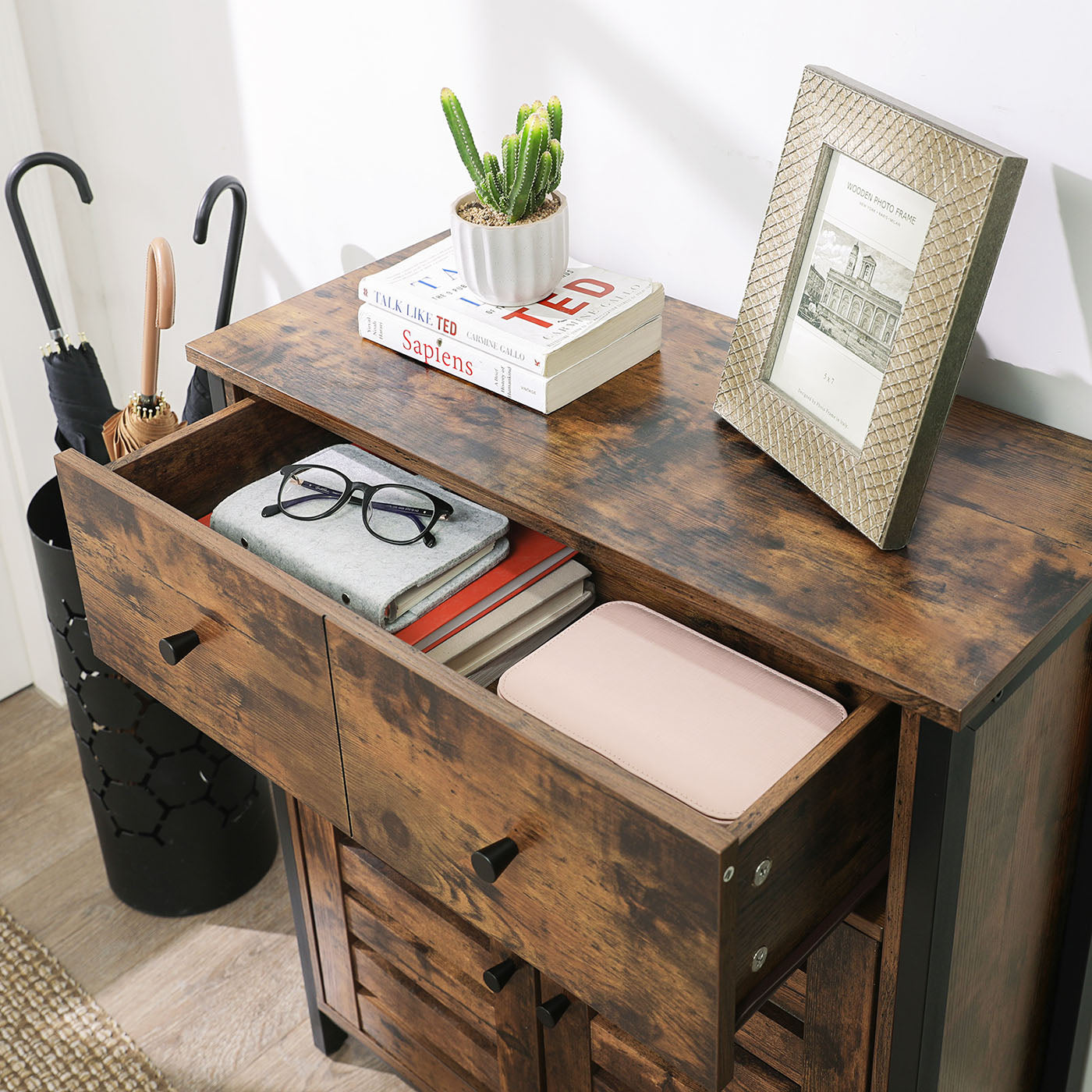 Floor Cabinet – Wood – Rustic Brown – Freestanding with 1 Drawer and Louvered Doors