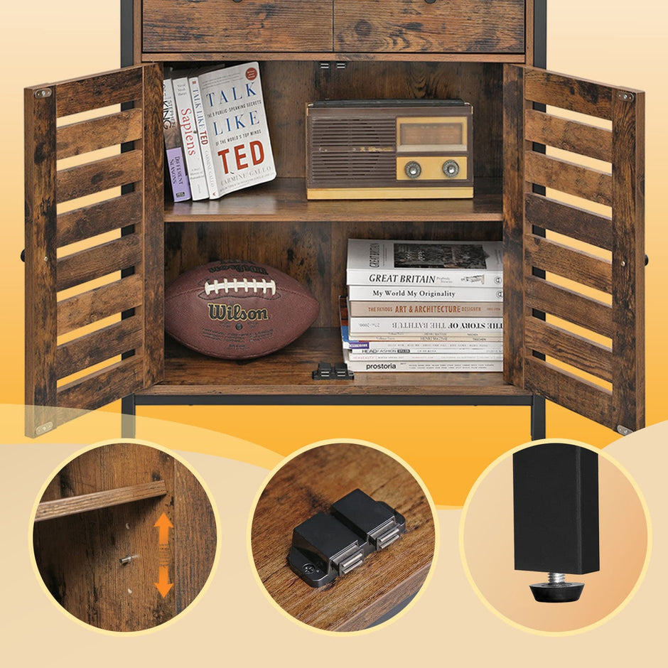 Storage Cabinet – Wood – Rustic Brown – Louvered Doors and Drawer