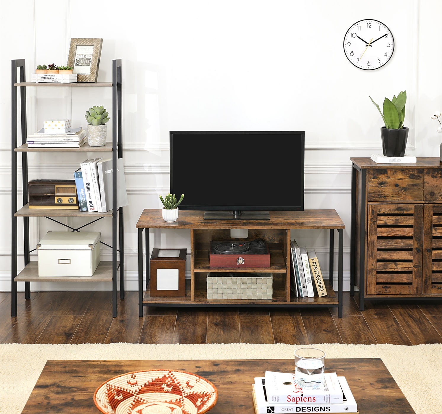 Floor Cabinet – Wood – Rustic Brown – Freestanding with 1 Drawer and Louvered Doors