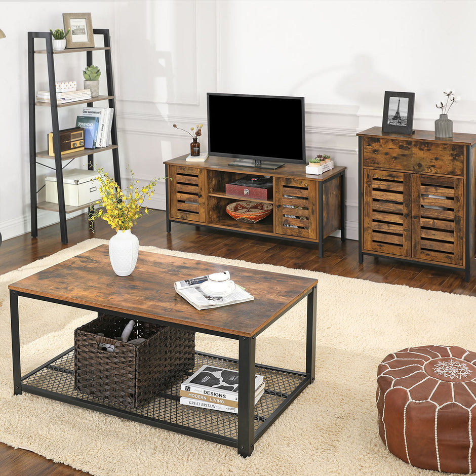 Floor Cabinet – Wood – Rustic Brown – Freestanding with 1 Drawer and Louvered Doors