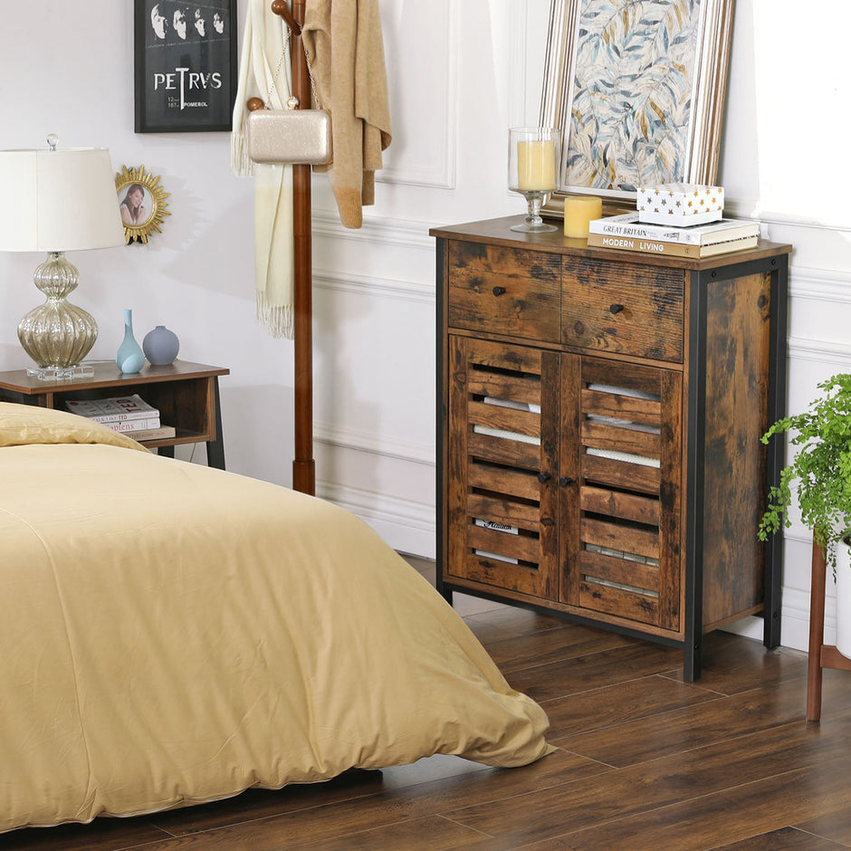 Floor Cabinet – Wood – Rustic Brown – Freestanding with 1 Drawer and Louvered Doors