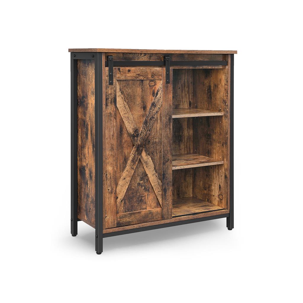 Storage Cabinet – Steel – Rustic Brown and Black – Adjustable Shelves, Sliding Door, Industrial Style