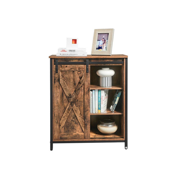 Storage Cabinet – Steel – Rustic Brown and Black – Adjustable Shelves, Sliding Door, Industrial Style