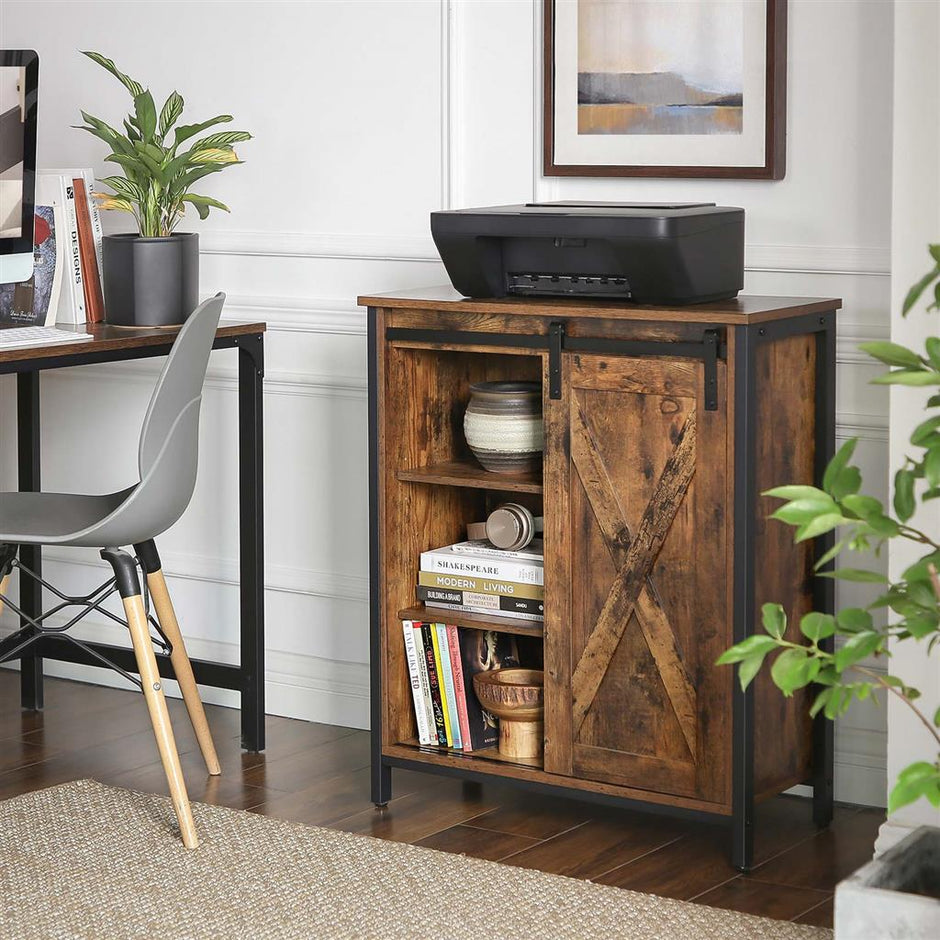 Storage Cabinet – Steel – Rustic Brown and Black – Adjustable Shelves, Sliding Door, Industrial Style