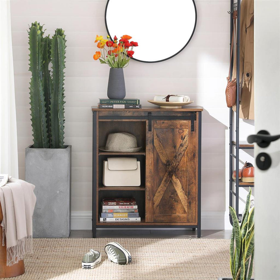 Storage Cabinet – Steel – Rustic Brown and Black – Adjustable Shelves, Sliding Door, Industrial Style