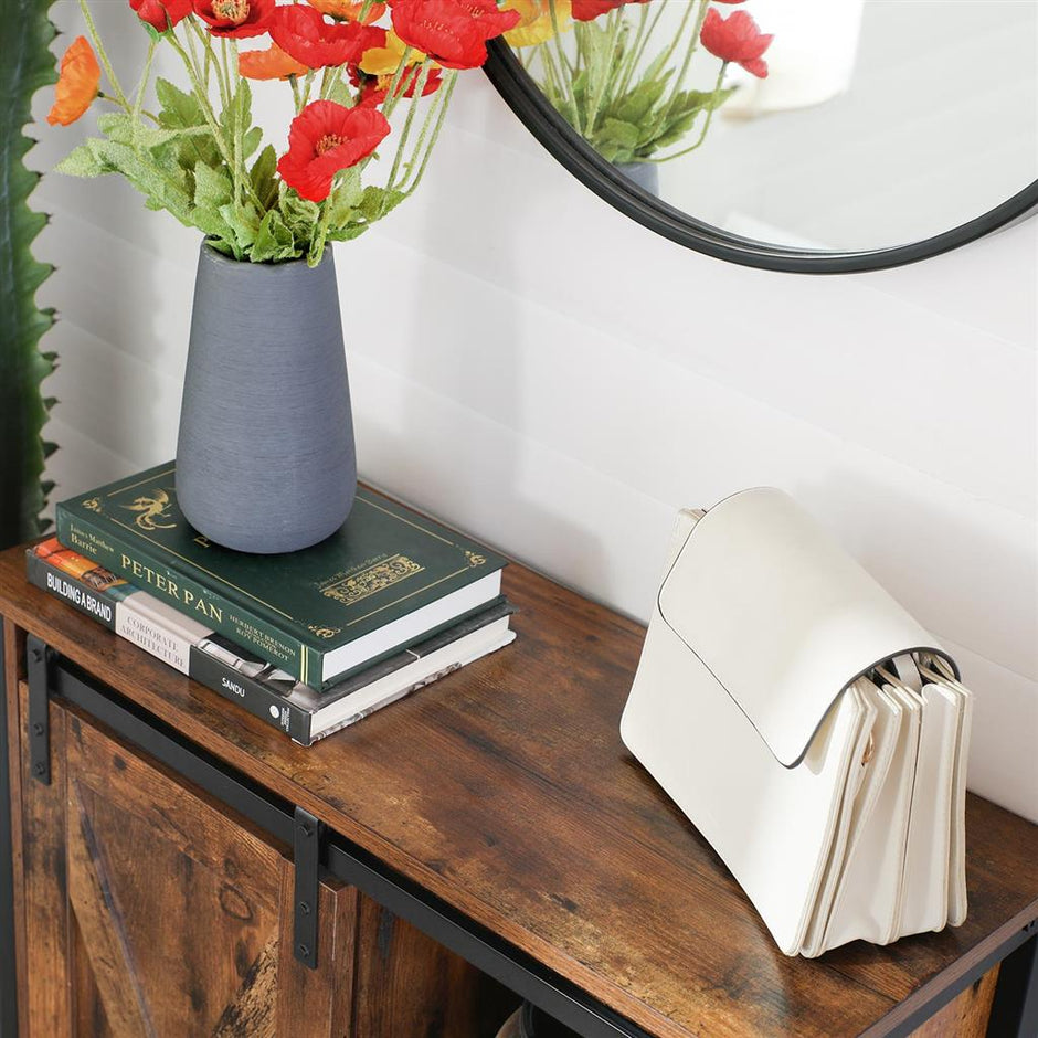 Storage Cabinet – Steel – Rustic Brown and Black – Adjustable Shelves, Sliding Door, Industrial Style