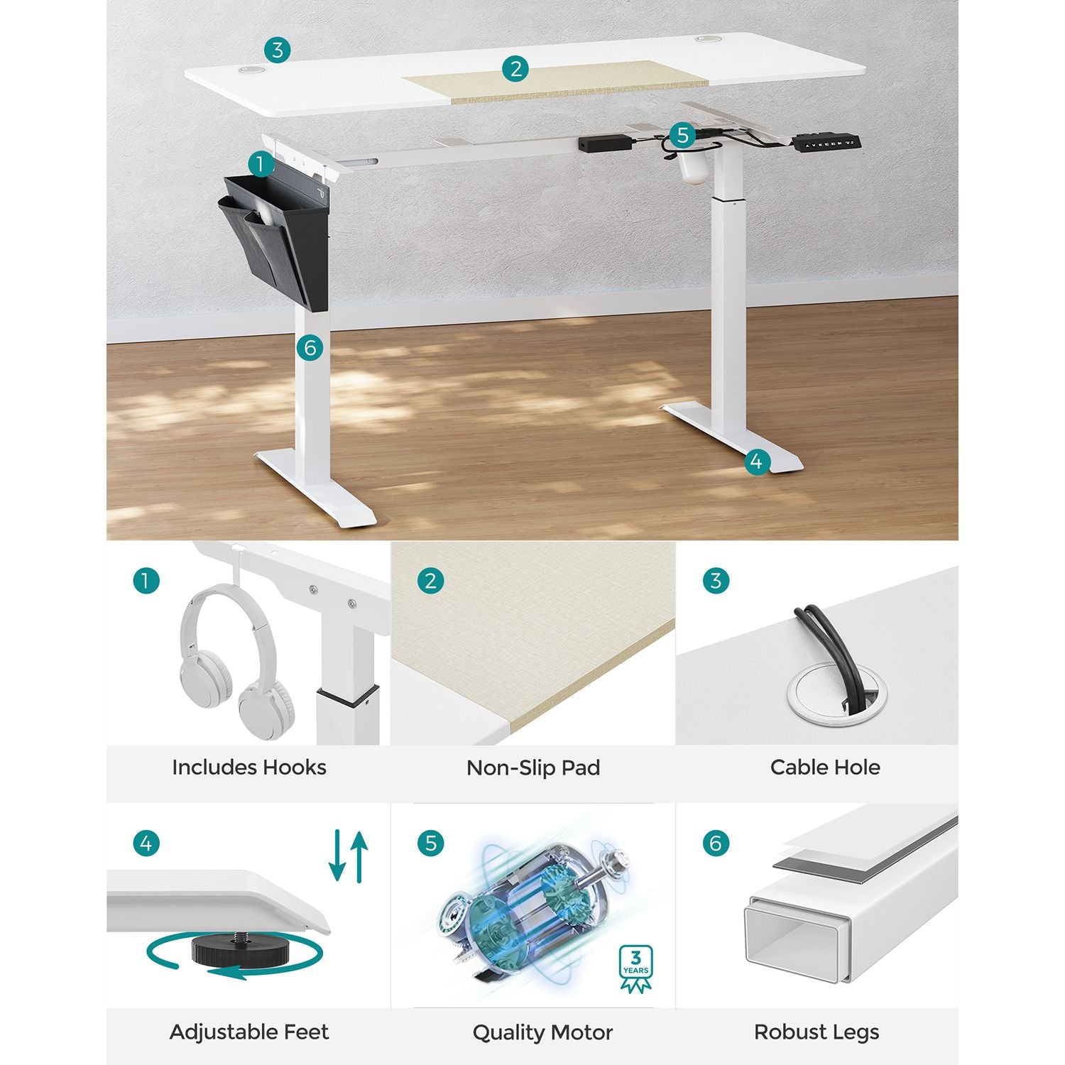 Height Adjustable Desk – Wood – White and Black – Electric