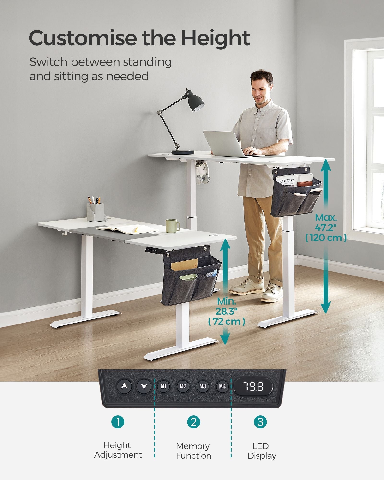 Height Adjustable Electric Desk – Engineered Wood – Cloud White – 4 Programmable Heights