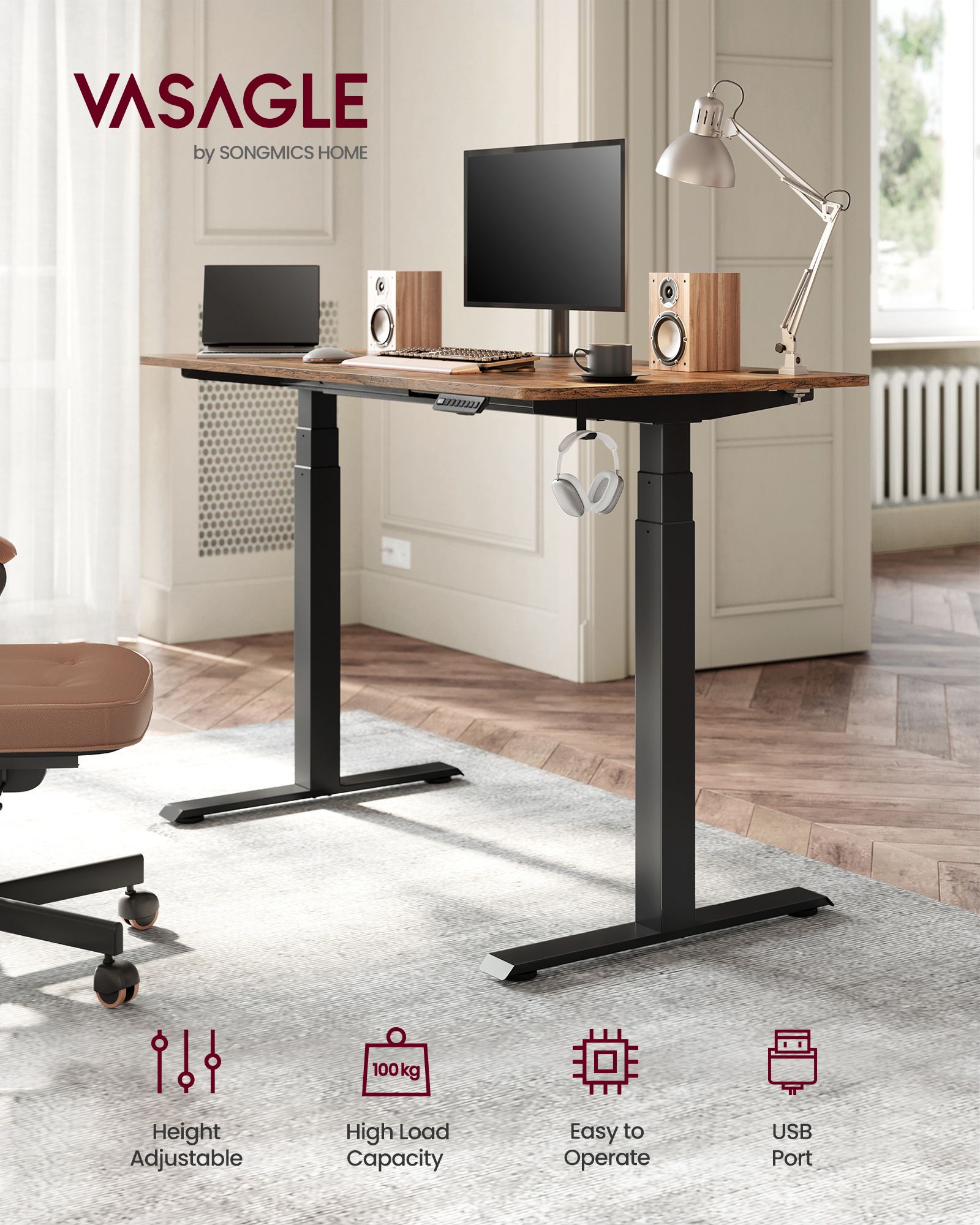 Electric Standing Desk Frame – Metal – Black – Height Adjustable with Double Motor and Memory Function