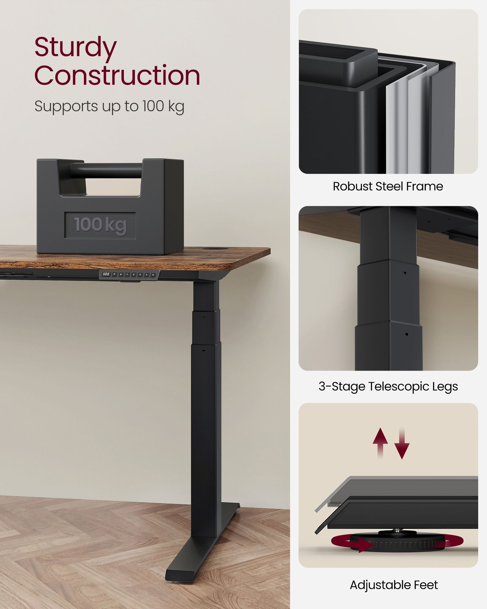 Electric Standing Desk Frame – Metal – Black – Height Adjustable with Double Motor and Memory Function