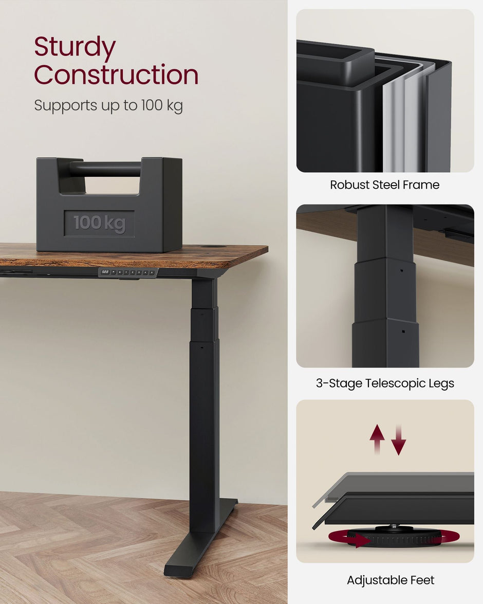 Electric Standing Desk Frame – Metal – Black – Height Adjustable with Double Motor and Memory Function