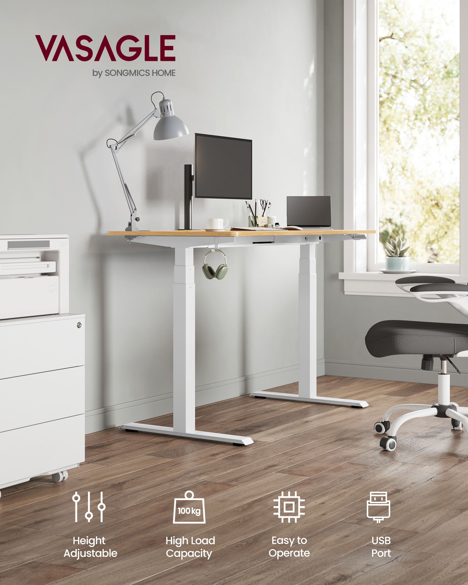 Electric Standing Desk Frame – Metal – Black – Height Adjustable with Double Motor and Memory Function