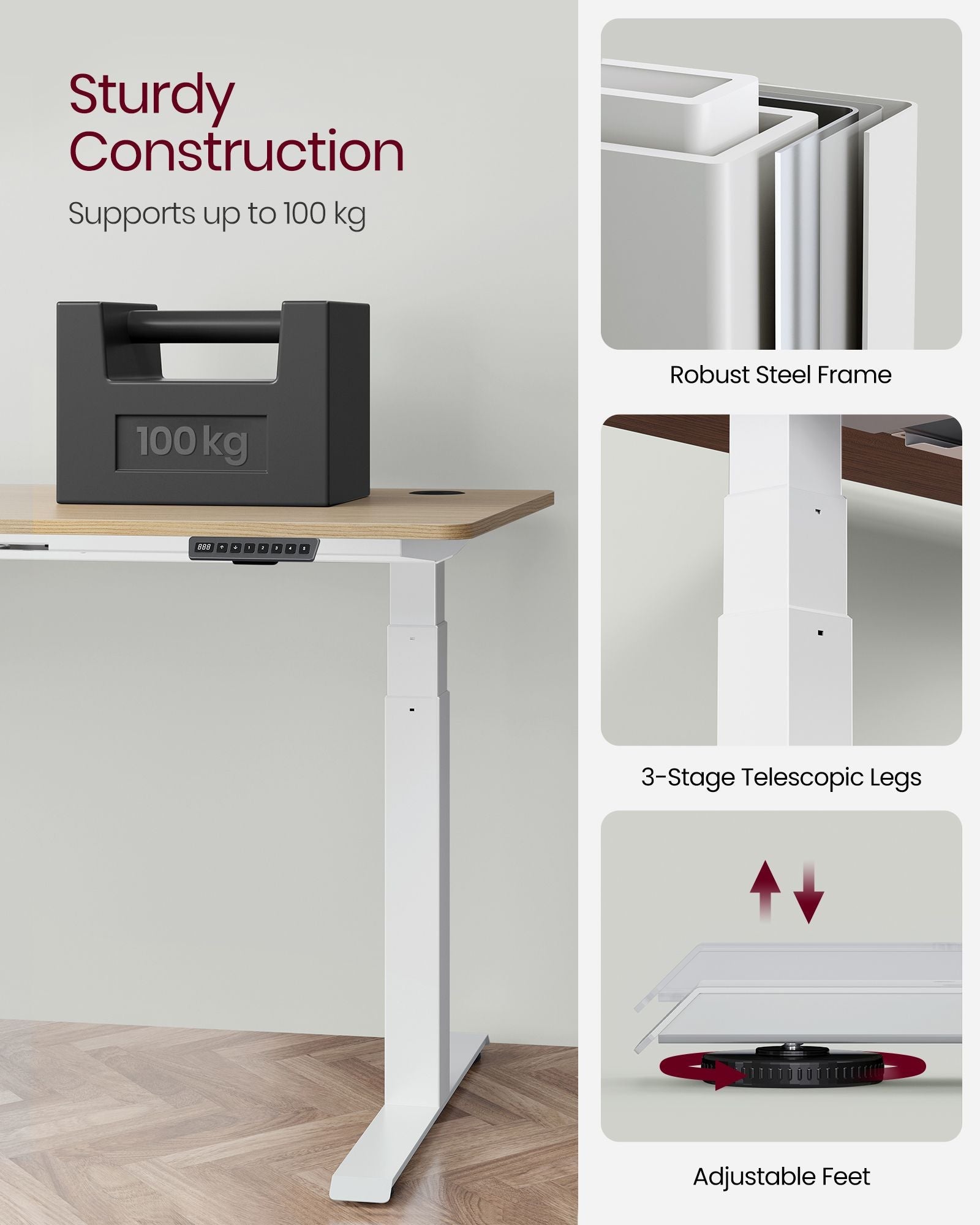 Electric Standing Desk Frame – Metal – Black – Height Adjustable with Double Motor and Memory Function