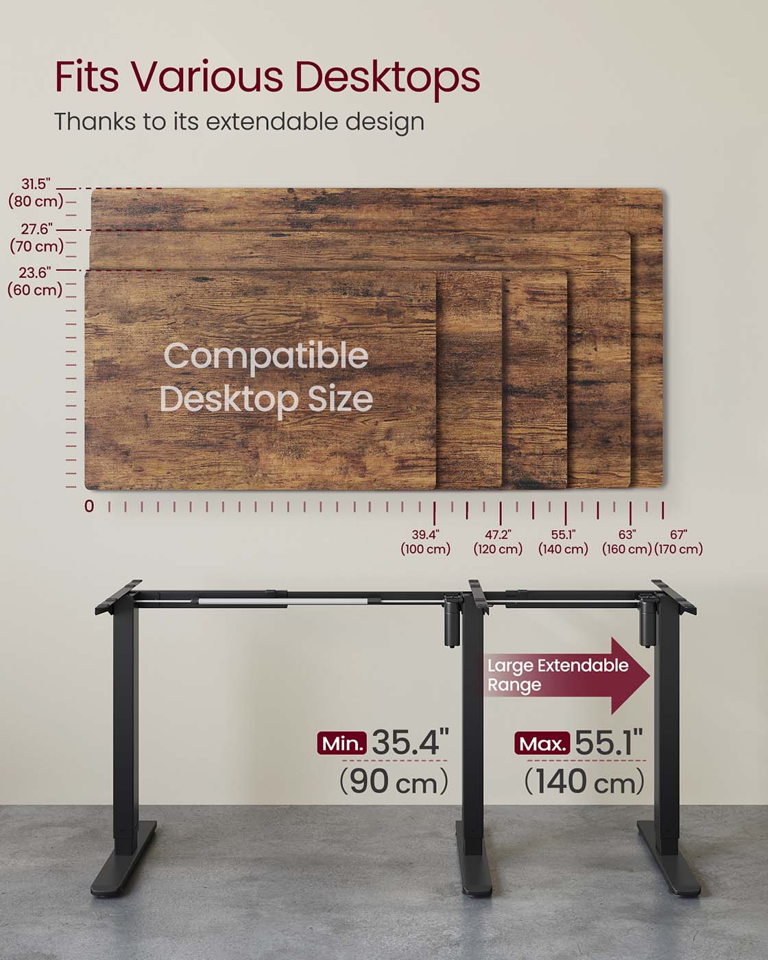 Electric Standing Desk Frame – Metal – Ink Black – Height Adjustable with Memory Function