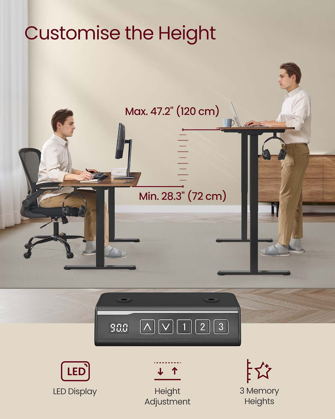 Electric Standing Desk Frame – Metal – Ink Black – Height Adjustable with Memory Function
