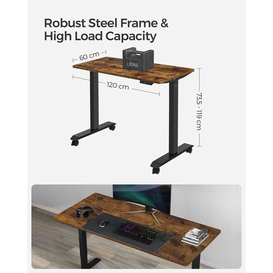 Height Adjustable Desk – Wood and Metal – Rustic Brown and Black – Electric with Memory Function