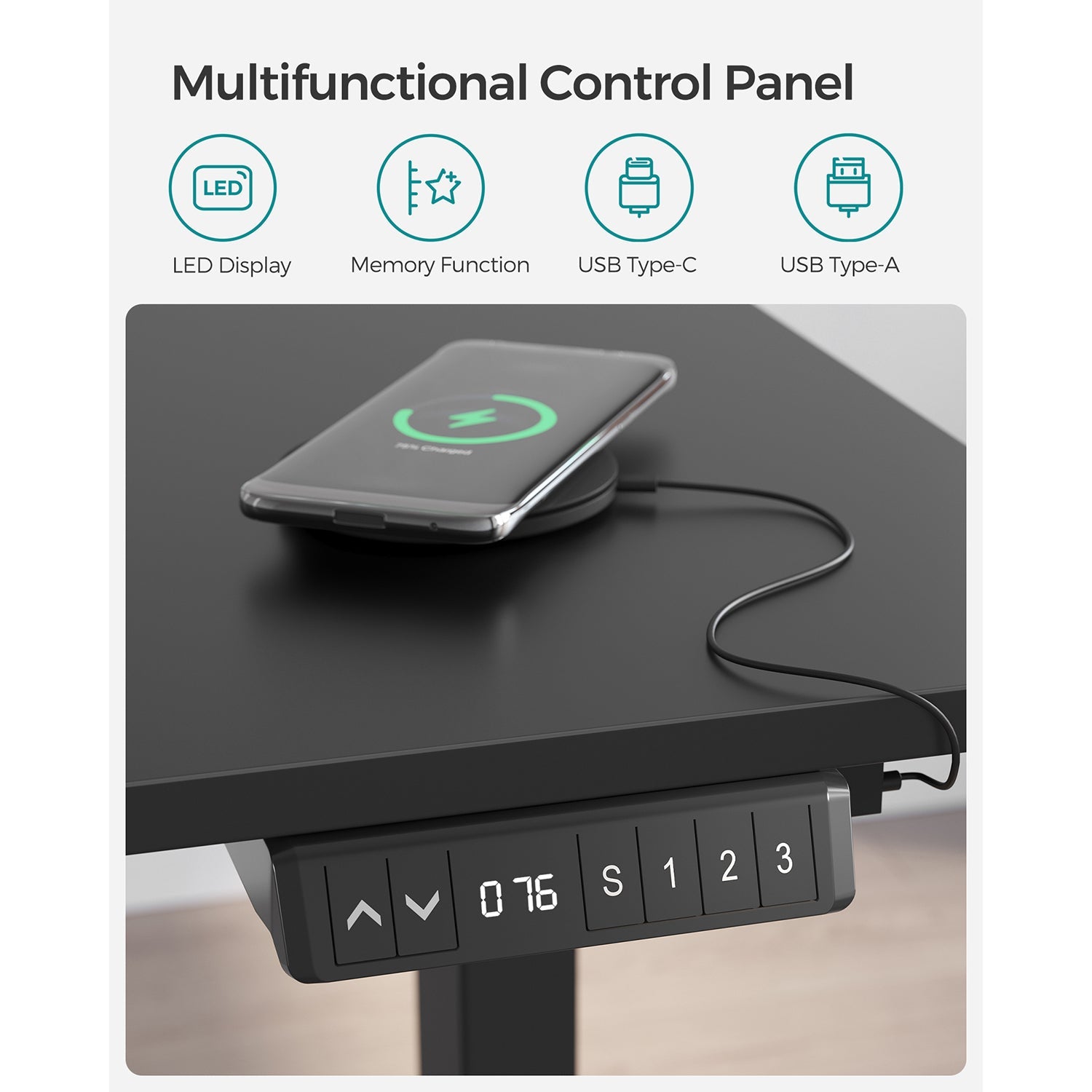 Height Adjustable Electric Standing Desk – Wood – Black – Memory Function with Continuous Height Adjustment