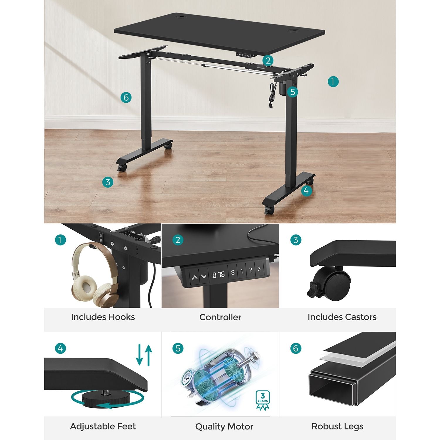 Height Adjustable Electric Standing Desk – Wood – Black – Memory Function with Continuous Height Adjustment