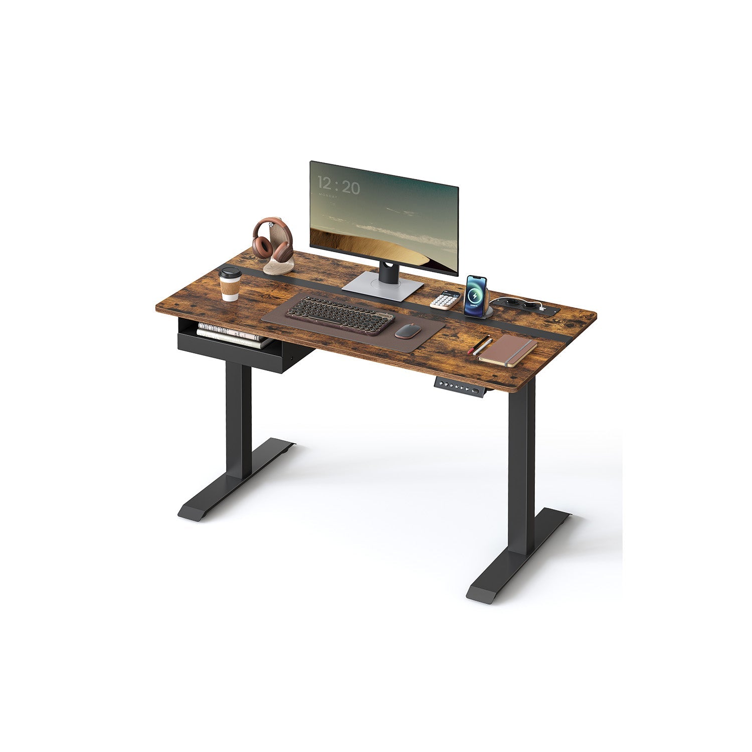 Height Adjustable Electric Standing Desk – MDF and Steel – Rustic Brown and Black – Continuous Adjustment with Memory Function