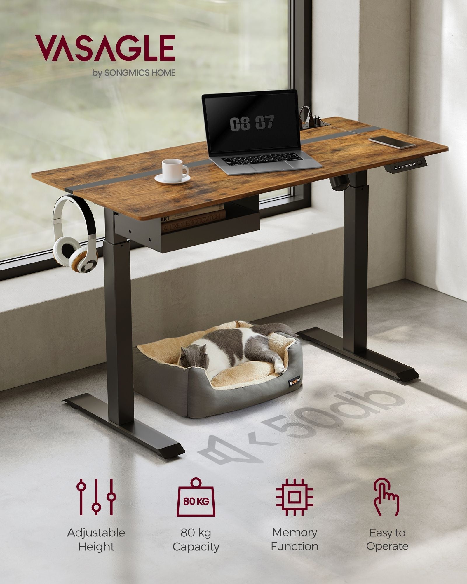 Height Adjustable Electric Standing Desk – MDF and Steel – Rustic Brown and Black – Continuous Adjustment with Memory Function