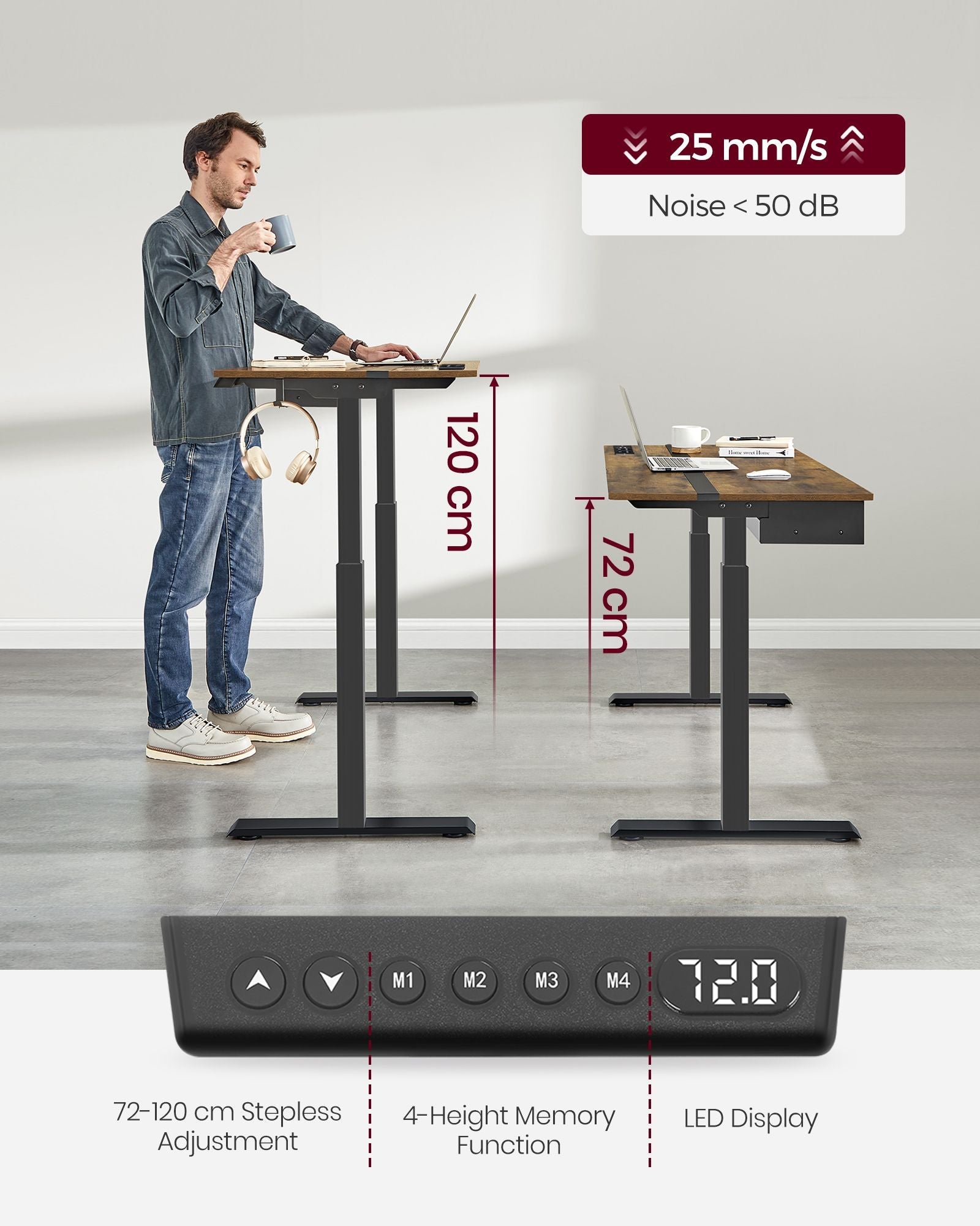 Height Adjustable Electric Standing Desk – MDF and Steel – Rustic Brown and Black – Continuous Adjustment with Memory Function