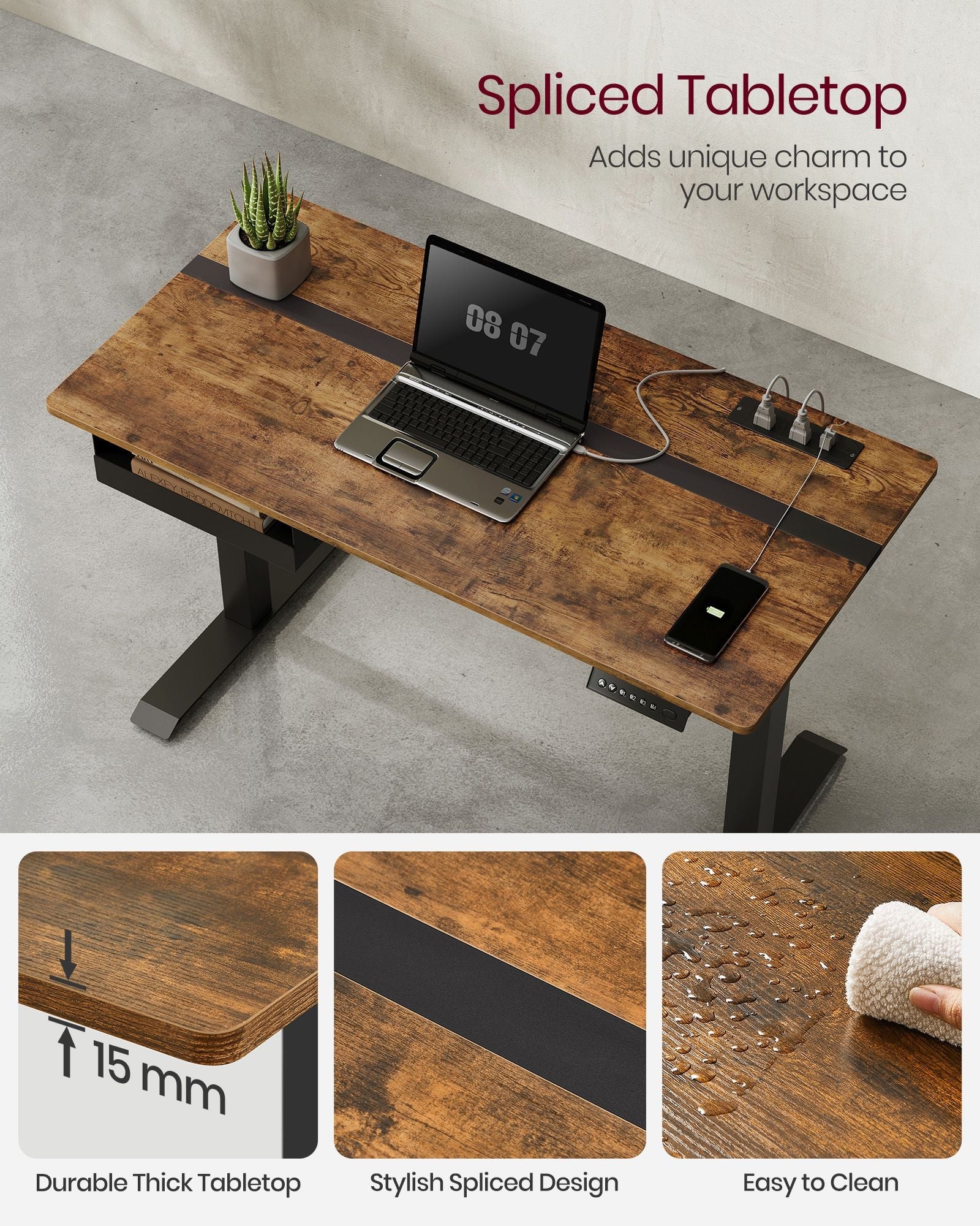 Height Adjustable Electric Standing Desk – MDF and Steel – Rustic Brown and Black – Continuous Adjustment with Memory Function