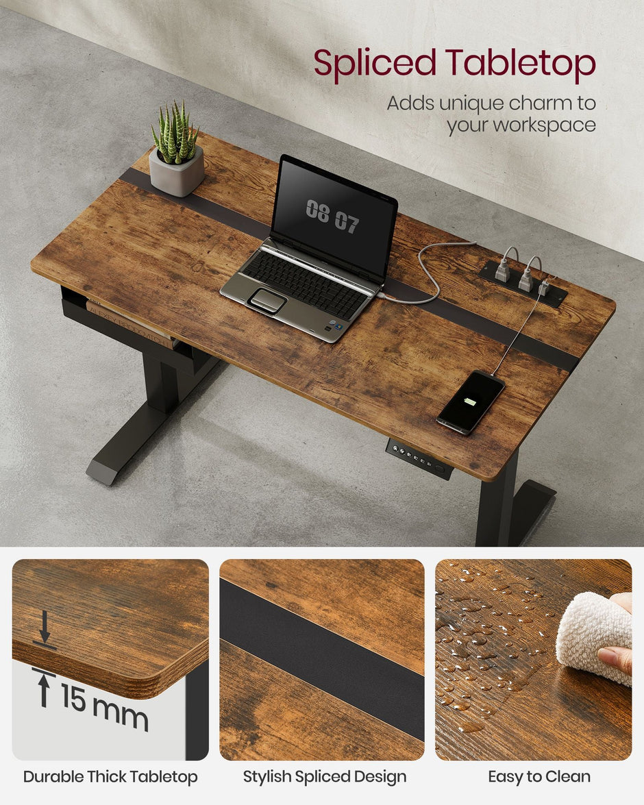 Height Adjustable Electric Standing Desk – MDF and Steel – Rustic Brown and Black – Continuous Adjustment with Memory Function