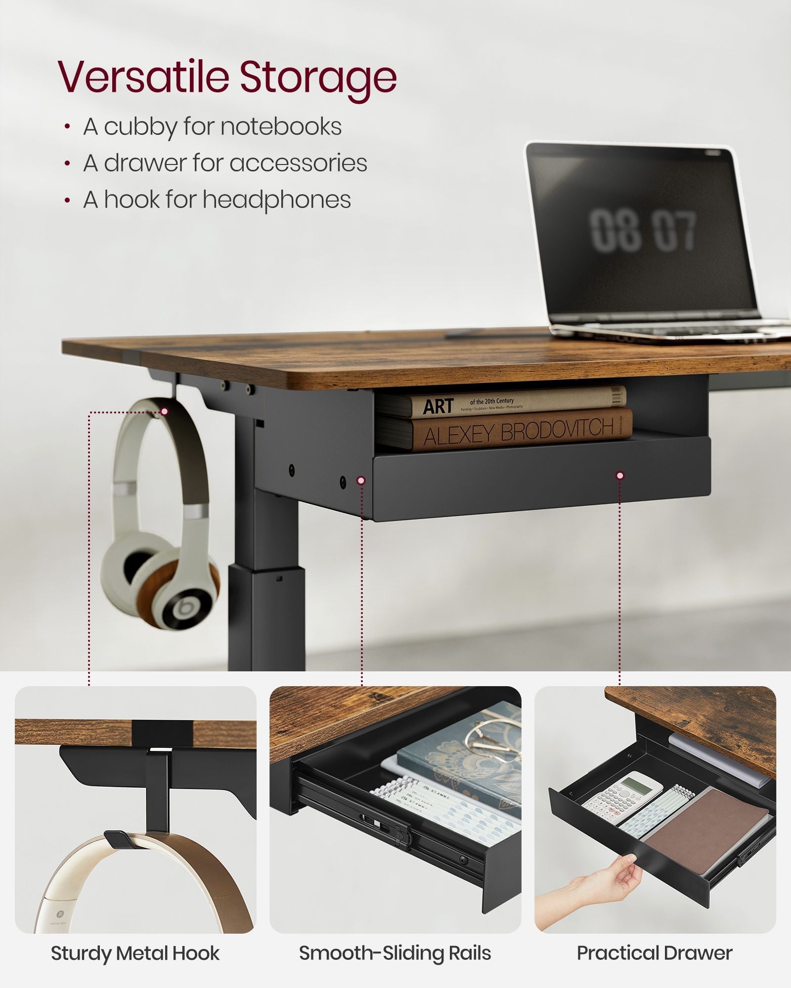 Height Adjustable Electric Standing Desk – MDF and Steel – Rustic Brown and Black – Continuous Adjustment with Memory Function