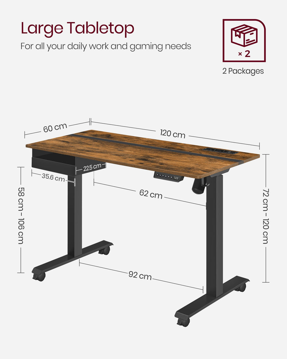 Height Adjustable Electric Standing Desk – MDF and Steel – Rustic Brown and Black – Continuous Adjustment with Memory Function