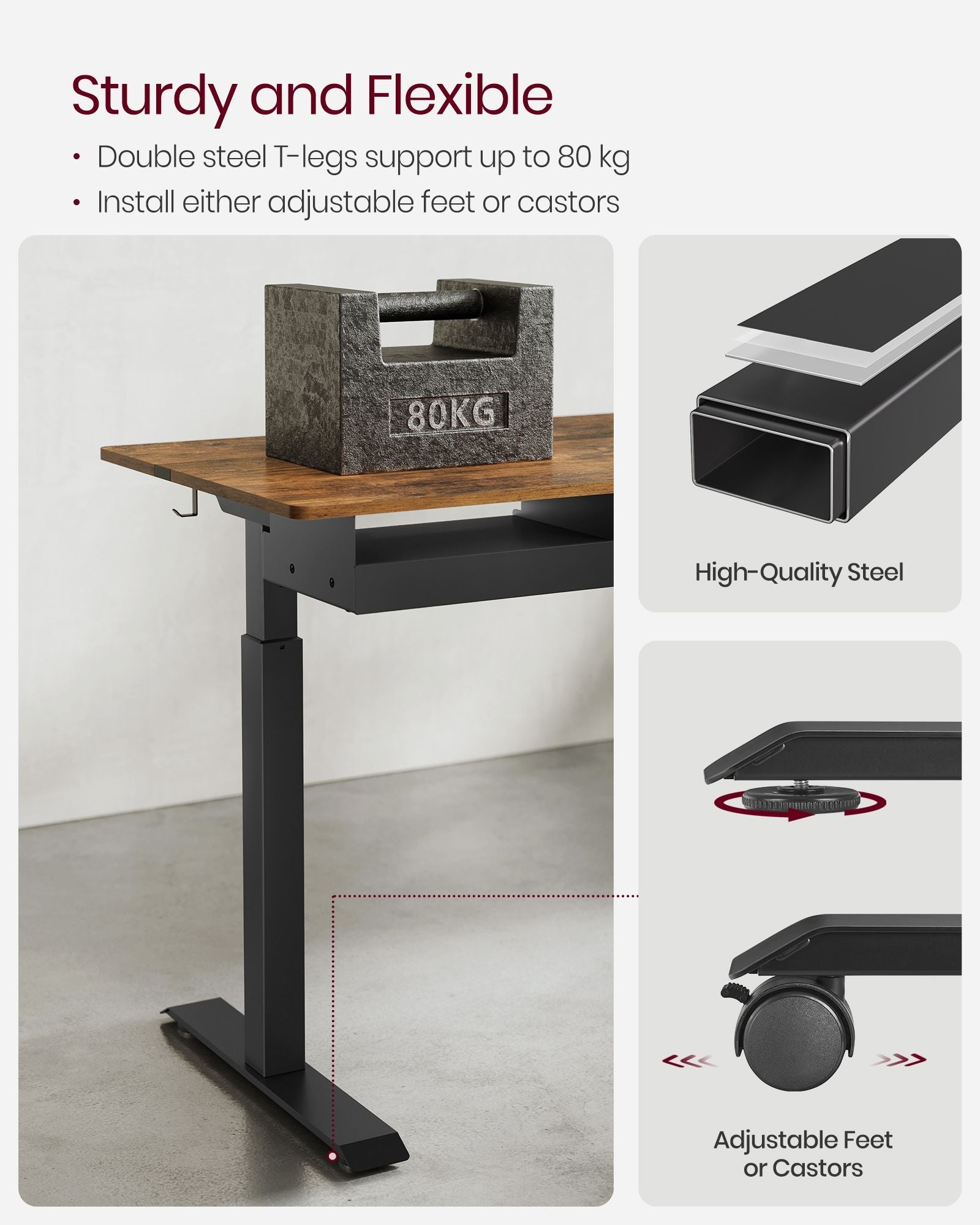 Height Adjustable Electric Standing Desk – MDF and Steel – Rustic Brown and Black – Continuous Adjustment with Memory Function