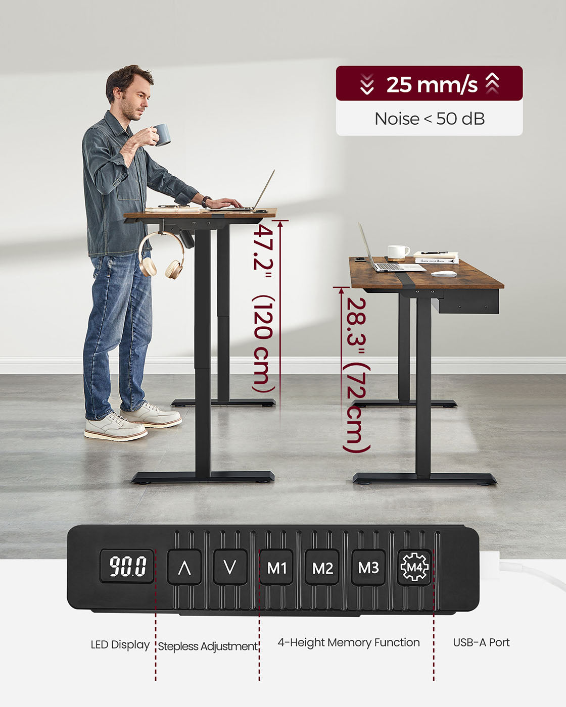 Electric Standing Desk – Particle Board – Rustic Brown and Black – Height Adjustable with Memory Function