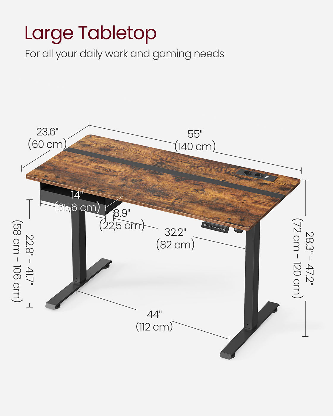 Electric Standing Desk – Particle Board – Rustic Brown and Black – Height Adjustable with Memory Function