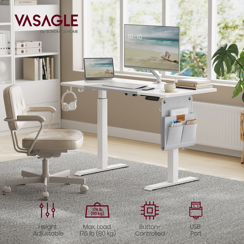 Electric Standing Desk – Metal and Wood – Natural Finish – Height Adjustable with Memory Function and Storage Solutions