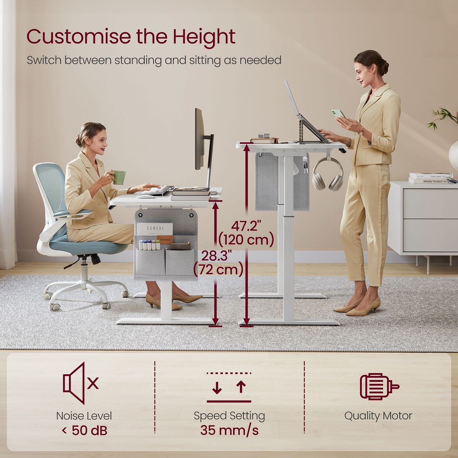 Electric Standing Desk – Metal and Wood – Natural Finish – Height Adjustable with Memory Function and Storage Solutions