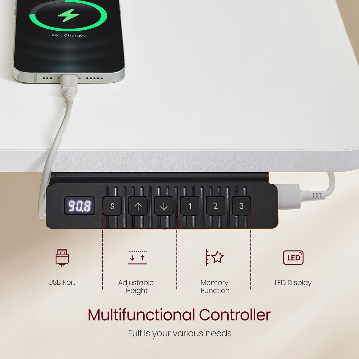 Electric Standing Desk – Metal and Wood – Natural Finish – Height Adjustable with Memory Function and Storage Solutions