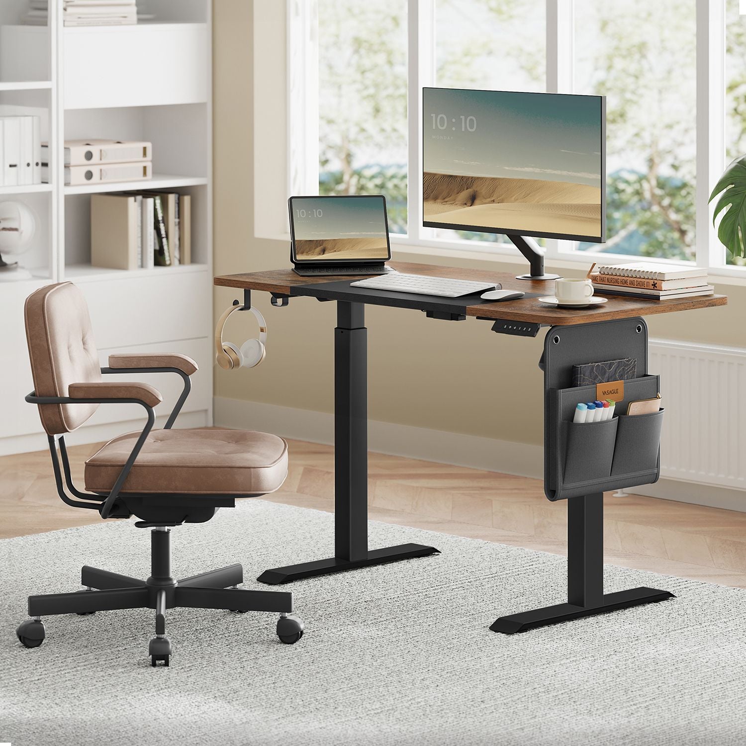 Electric Standing Desk – Metal and Wood – Natural Finish – Height Adjustable with Memory Function and Storage Solutions