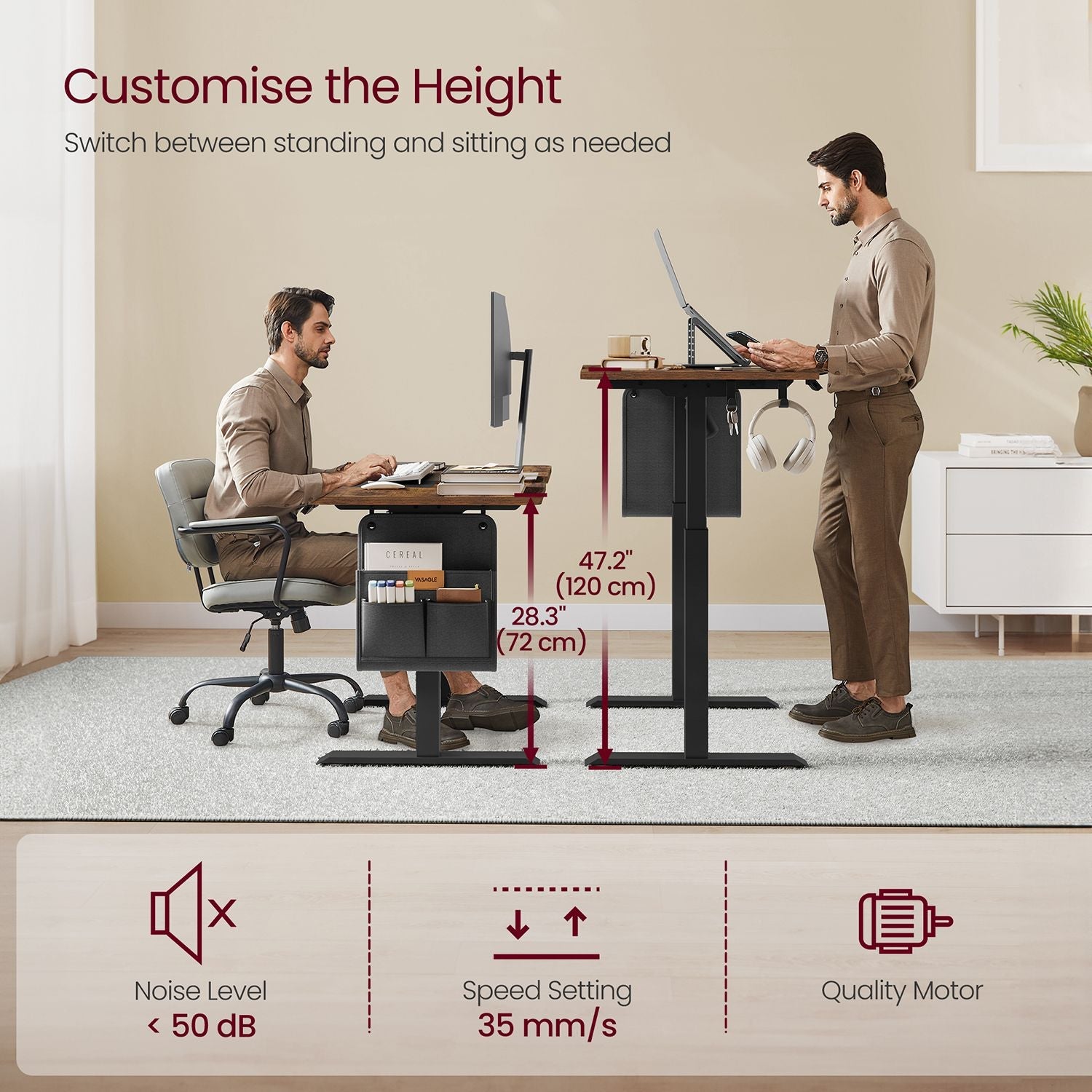 Electric Standing Desk – Metal and Wood – Natural Finish – Height Adjustable with Memory Function and Storage Solutions