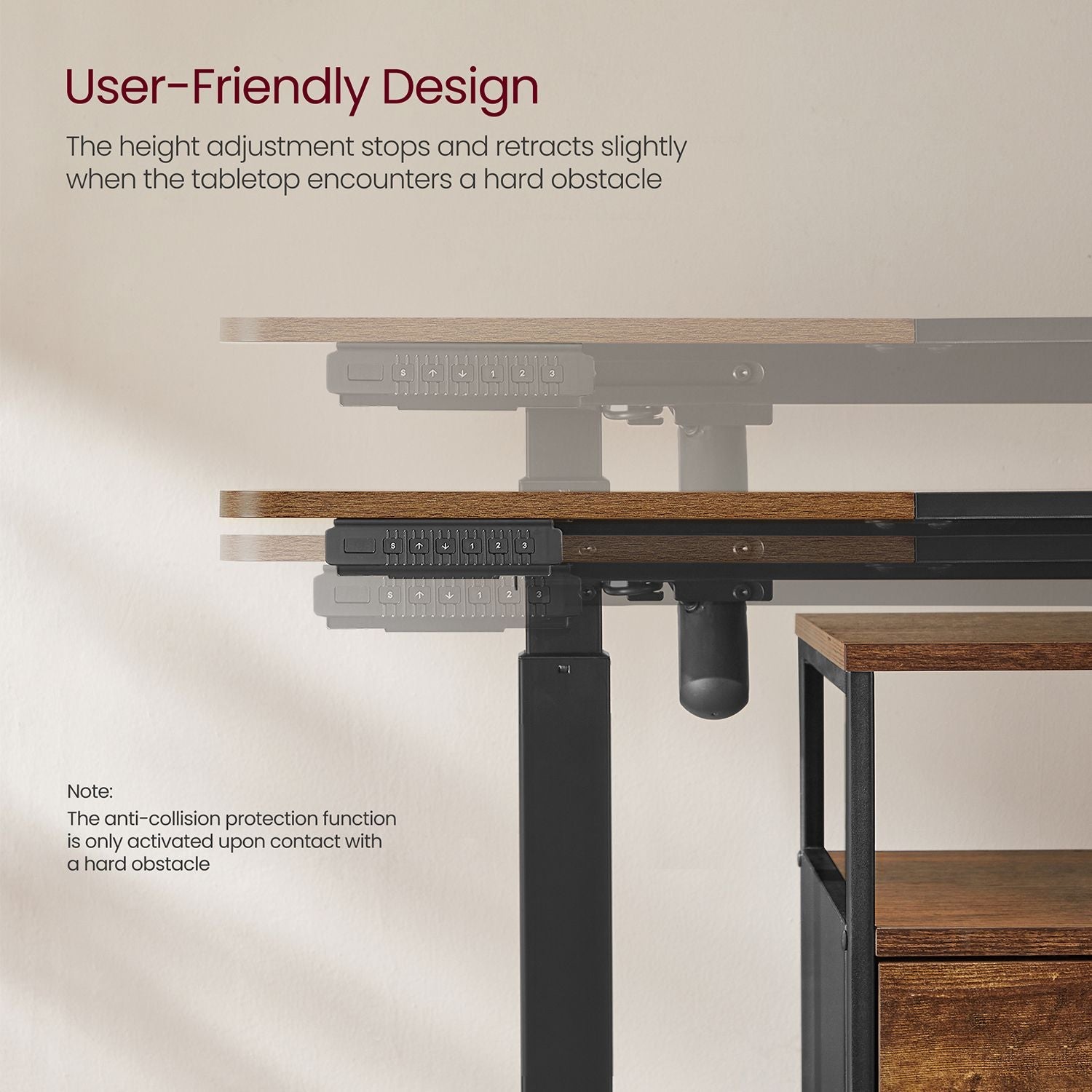 Electric Standing Desk – Metal and Wood – Natural Finish – Height Adjustable with Memory Function and Storage Solutions