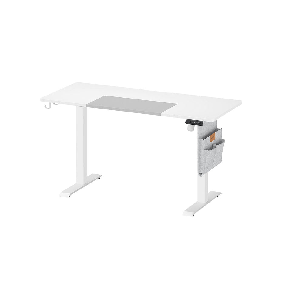 Height Adjustable Electric Standing Desk – Particle Board – Matte White and Dove Grey – Memory Function with 3 Heights, Storage Pocket and Hooks