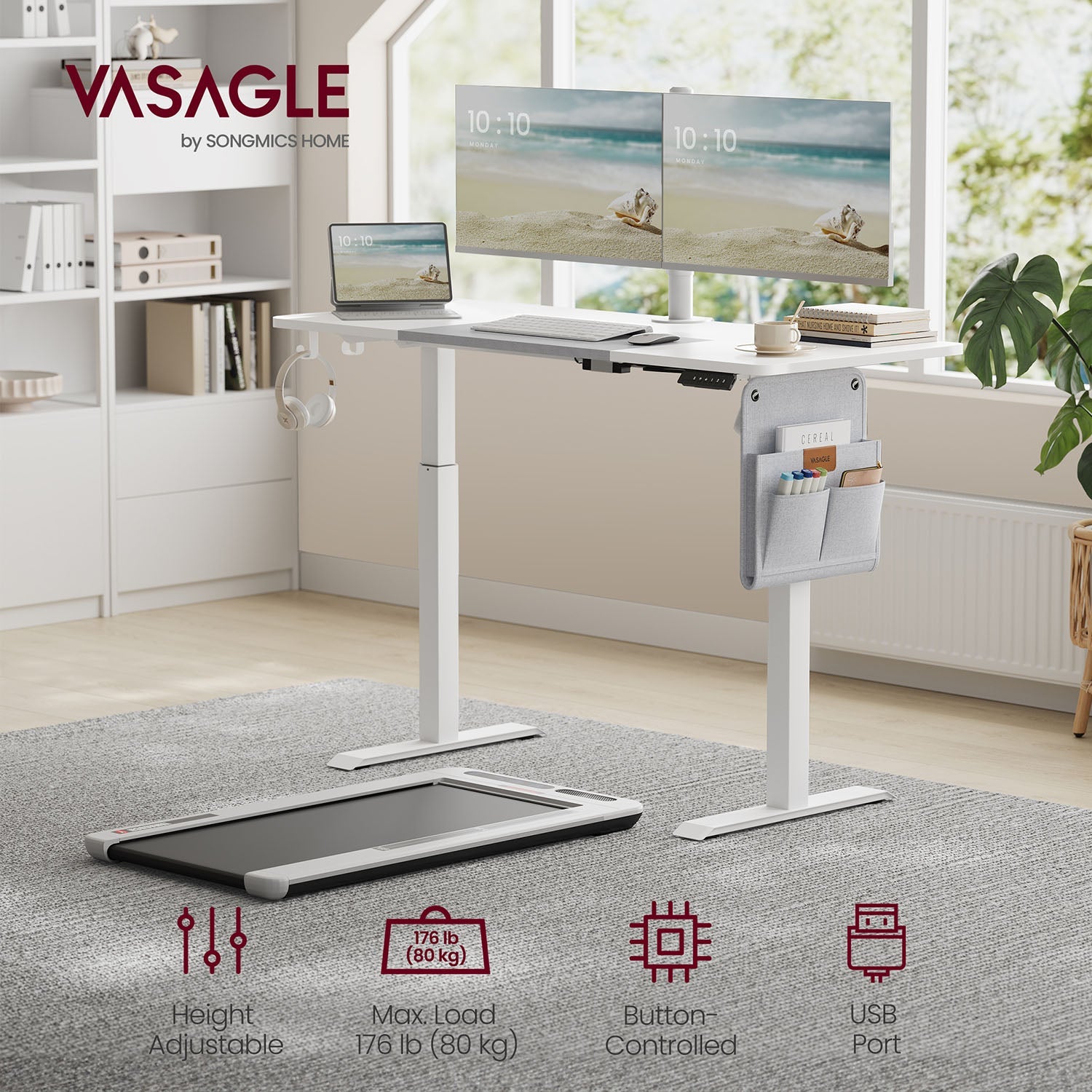 Height Adjustable Electric Standing Desk – Particle Board – Matte White and Dove Grey – Memory Function with 3 Heights, Storage Pocket and Hooks