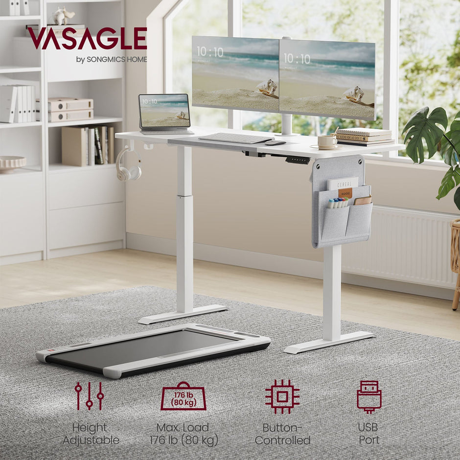 Height Adjustable Electric Standing Desk – Particle Board – Matte White and Dove Grey – Memory Function with 3 Heights, Storage Pocket and Hooks