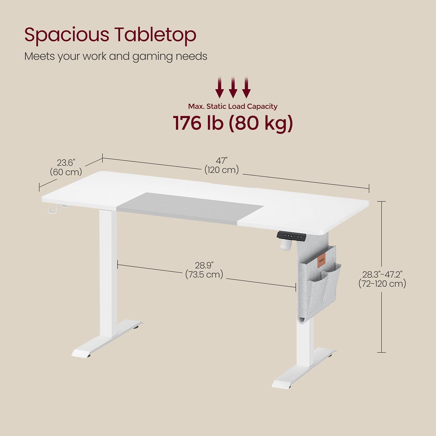 Height Adjustable Electric Standing Desk – Particle Board – Matte White and Dove Grey – Memory Function with 3 Heights, Storage Pocket and Hooks