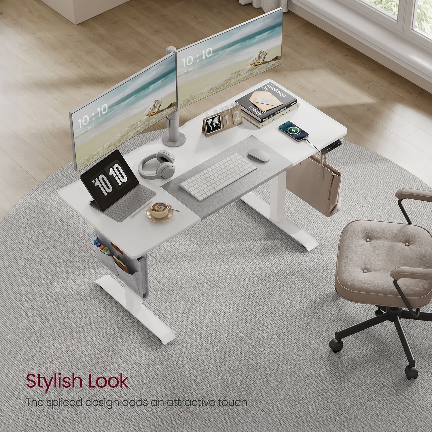 Height Adjustable Electric Standing Desk – Particle Board – Matte White and Dove Grey – Memory Function with 3 Heights, Storage Pocket and Hooks