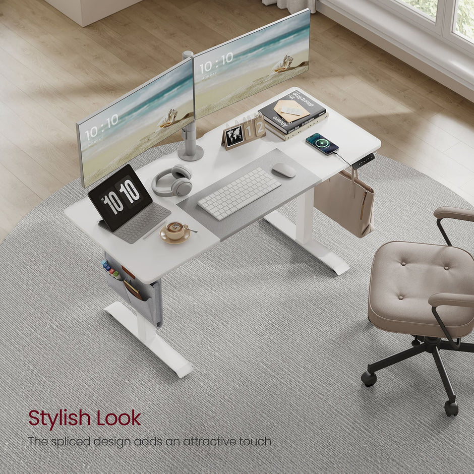 Height Adjustable Electric Standing Desk – Particle Board – Matte White and Dove Grey – Memory Function with 3 Heights, Storage Pocket and Hooks