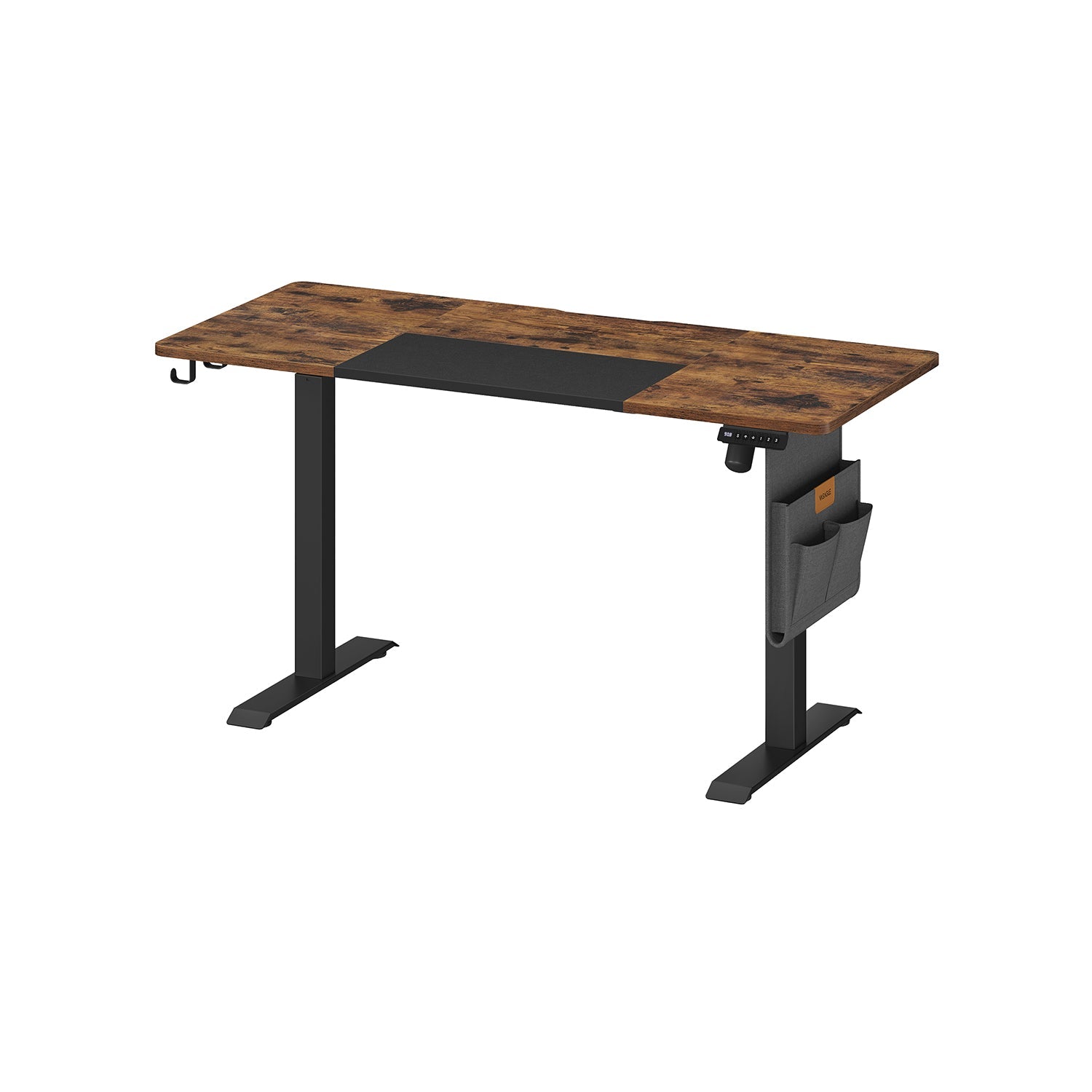 Height Adjustable Electric Standing Desk – MDF – Rustic Brown and Ink Black – Memory Function with 3 Heights, Storage Pocket and Hooks