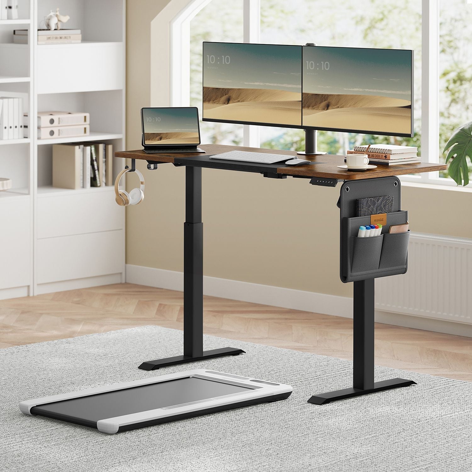 Height Adjustable Electric Standing Desk – MDF – Rustic Brown and Ink Black – Memory Function with 3 Heights, Storage Pocket and Hooks